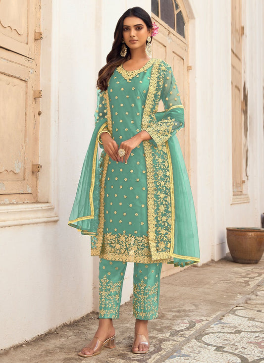 Salwar Suit Net Aqua Blue Embroidered Salwar Kameez