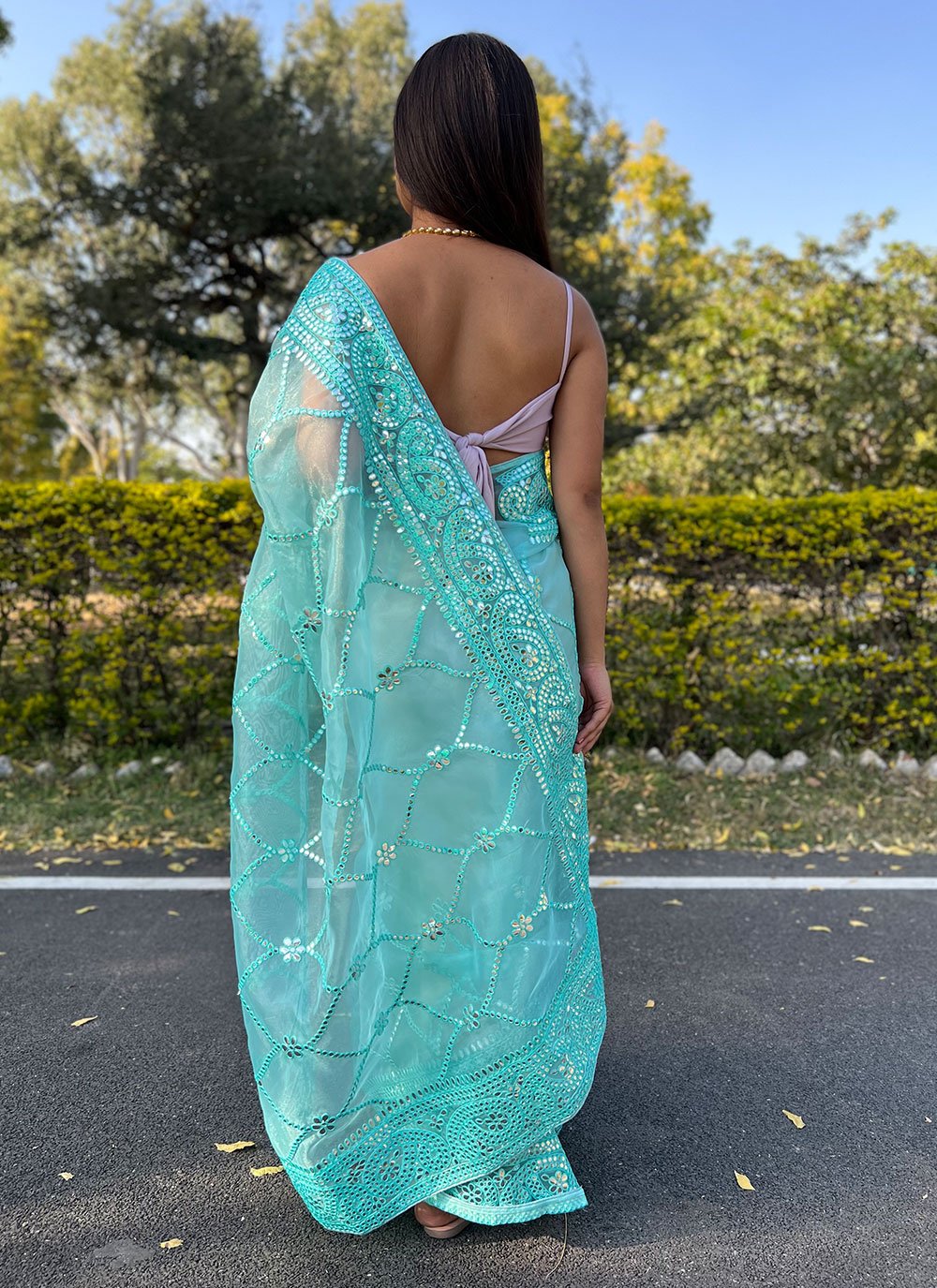 Classic Organza Aqua Blue Embroidered Saree