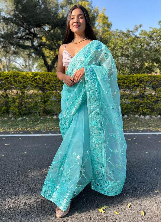 Classic Organza Aqua Blue Embroidered Saree