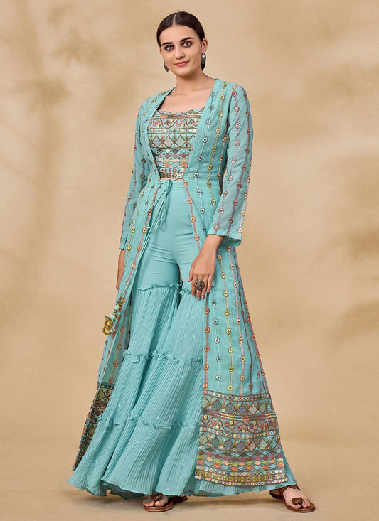 Palazzo Salwar Suit Georgette Aqua Blue Embroidered Salwar Kameez