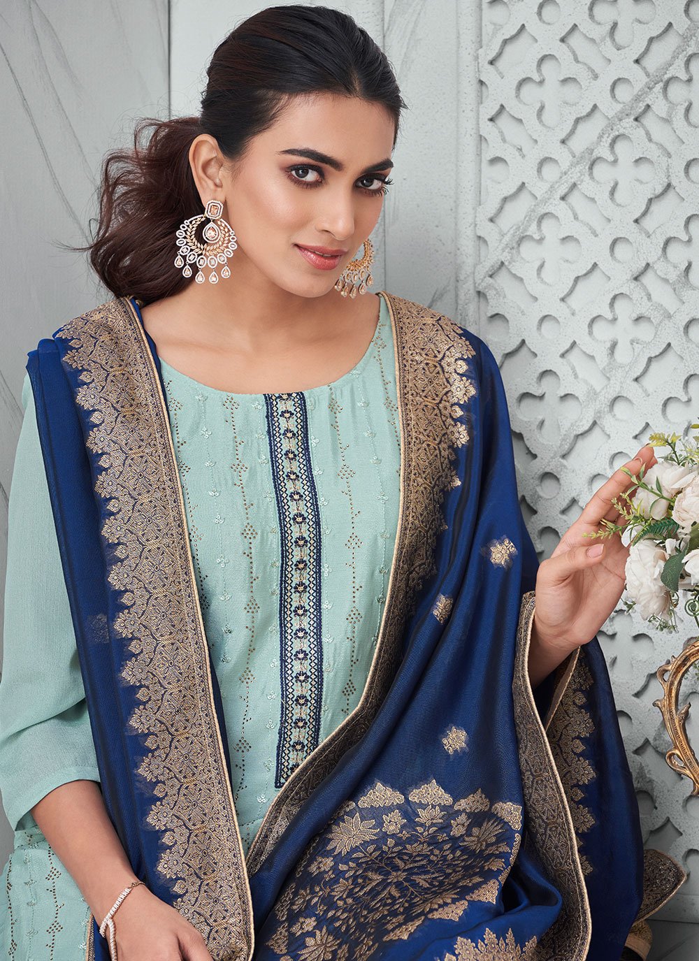 Straight Salwar Suit Chinon Aqua Blue Embroidered Salwar Kameez