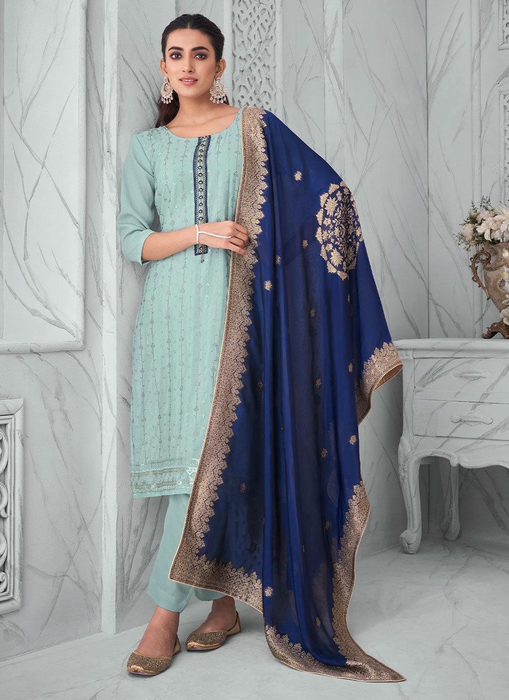 Straight Salwar Suit Chinon Aqua Blue Embroidered Salwar Kameez