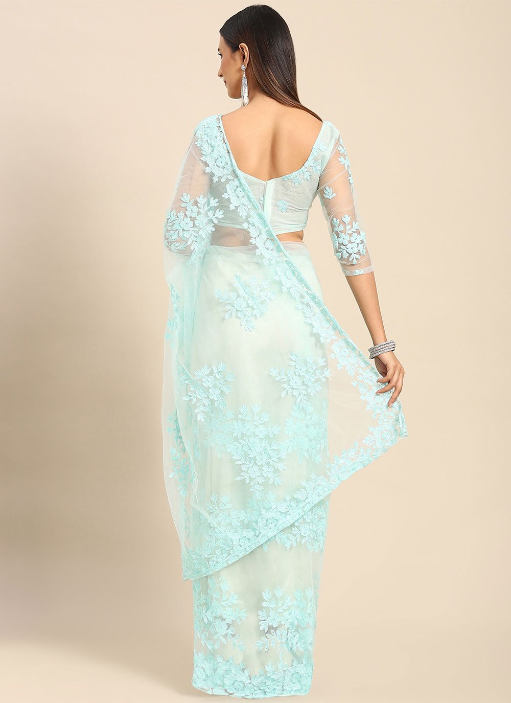 Trendy Saree Net Aqua Blue Embroidered Saree