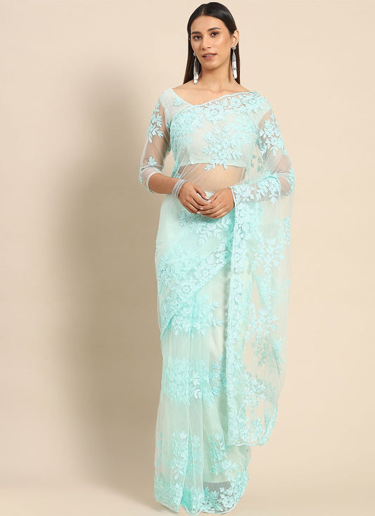 Trendy Saree Net Aqua Blue Embroidered Saree