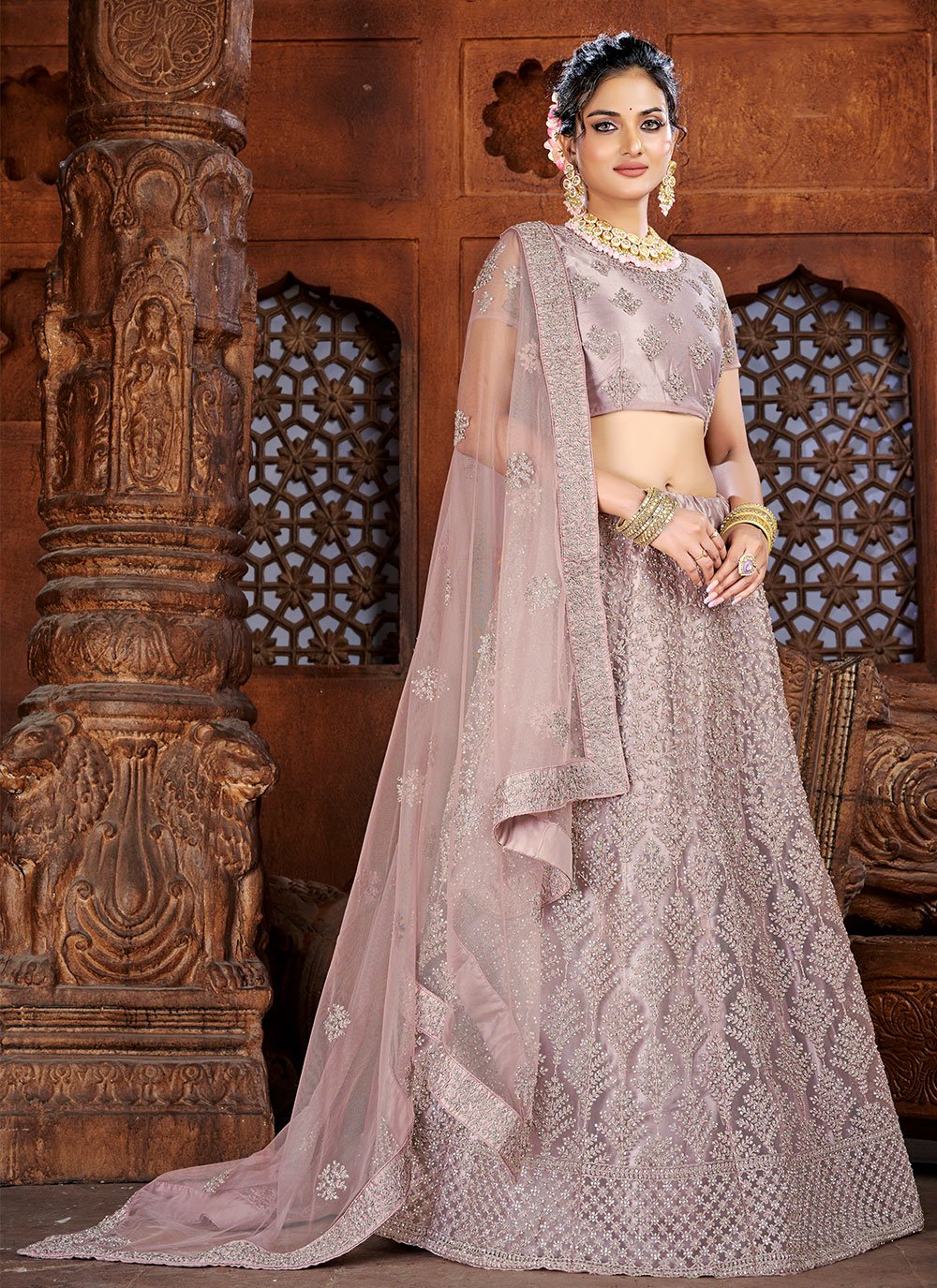 A Line Lehenga Art Silk Net Lavender Embroidered Lehenga Choli