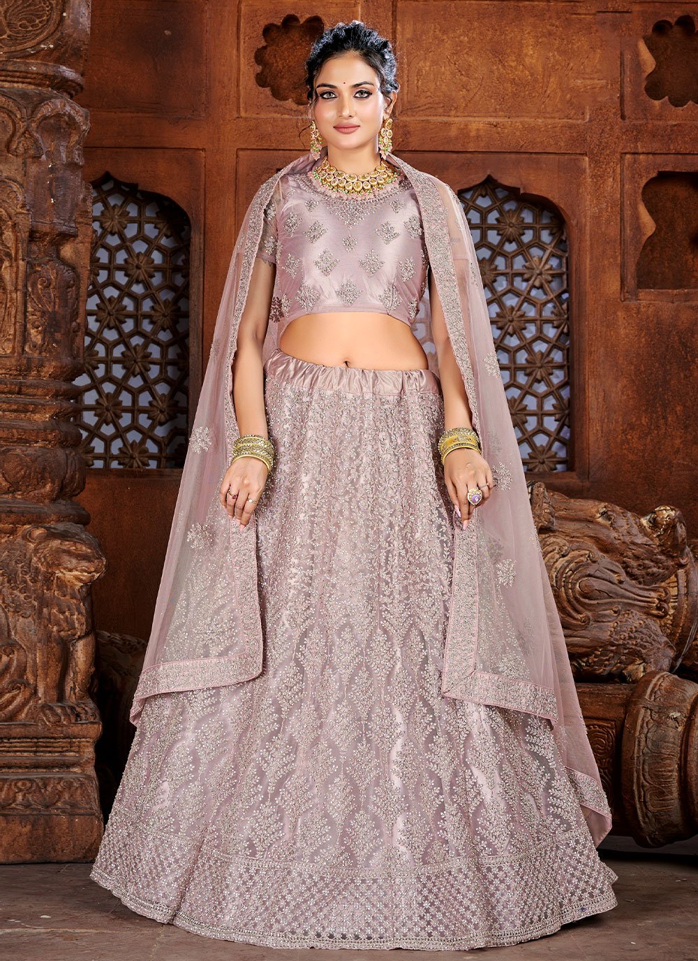 A Line Lehenga Art Silk Net Lavender Embroidered Lehenga Choli