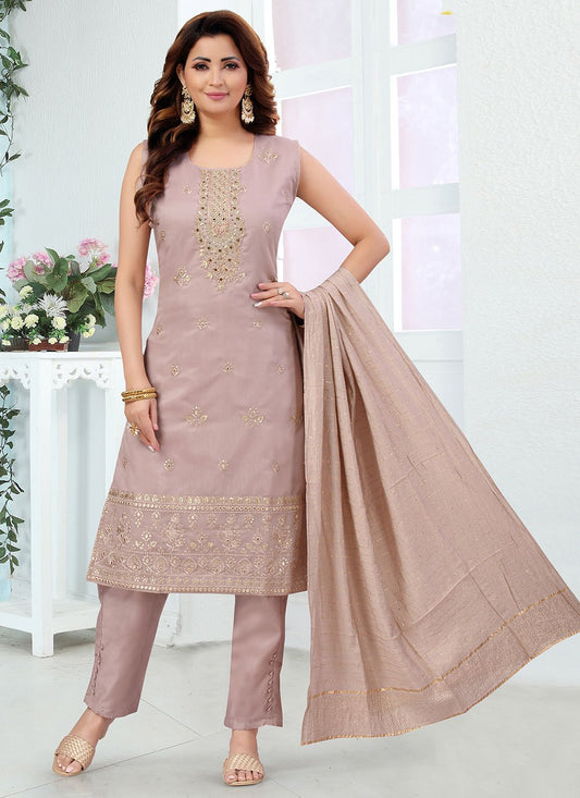 Straight Salwar Suit Art Silk Beige Embroidered Salwar Kameez