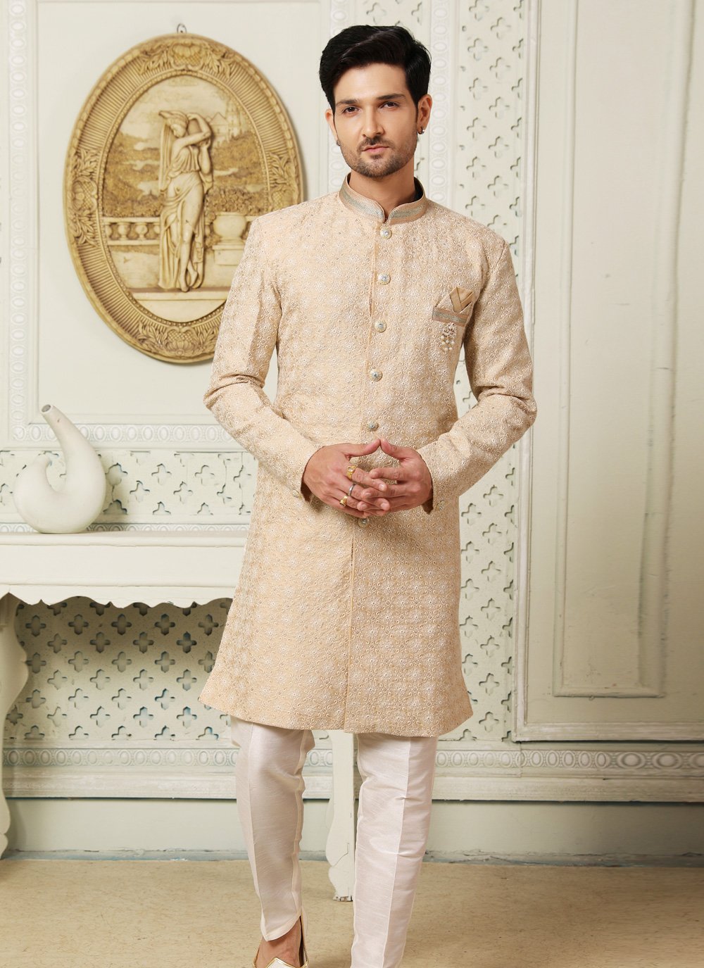 Indo Western Art Silk Beige Embroidered Mens