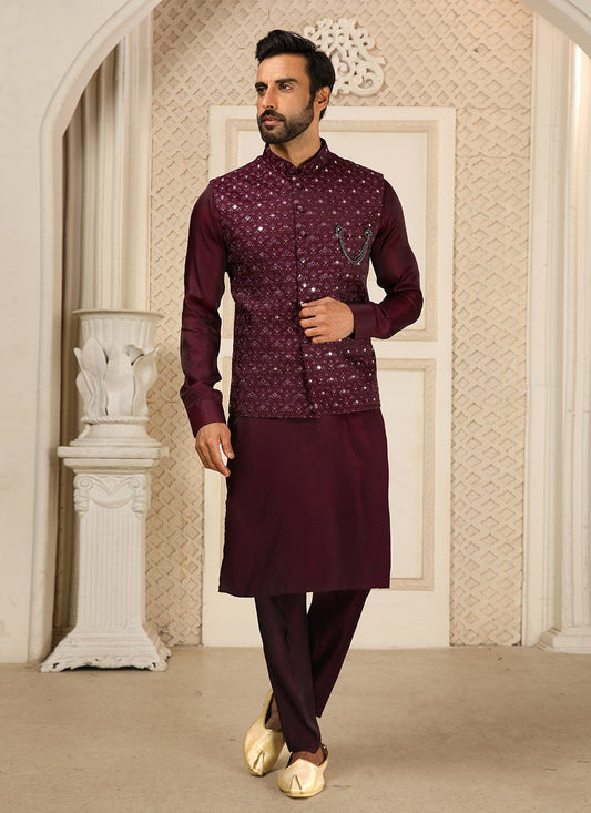 Kurta Payjama With Jacket Art Silk Wine Embroidered Mens