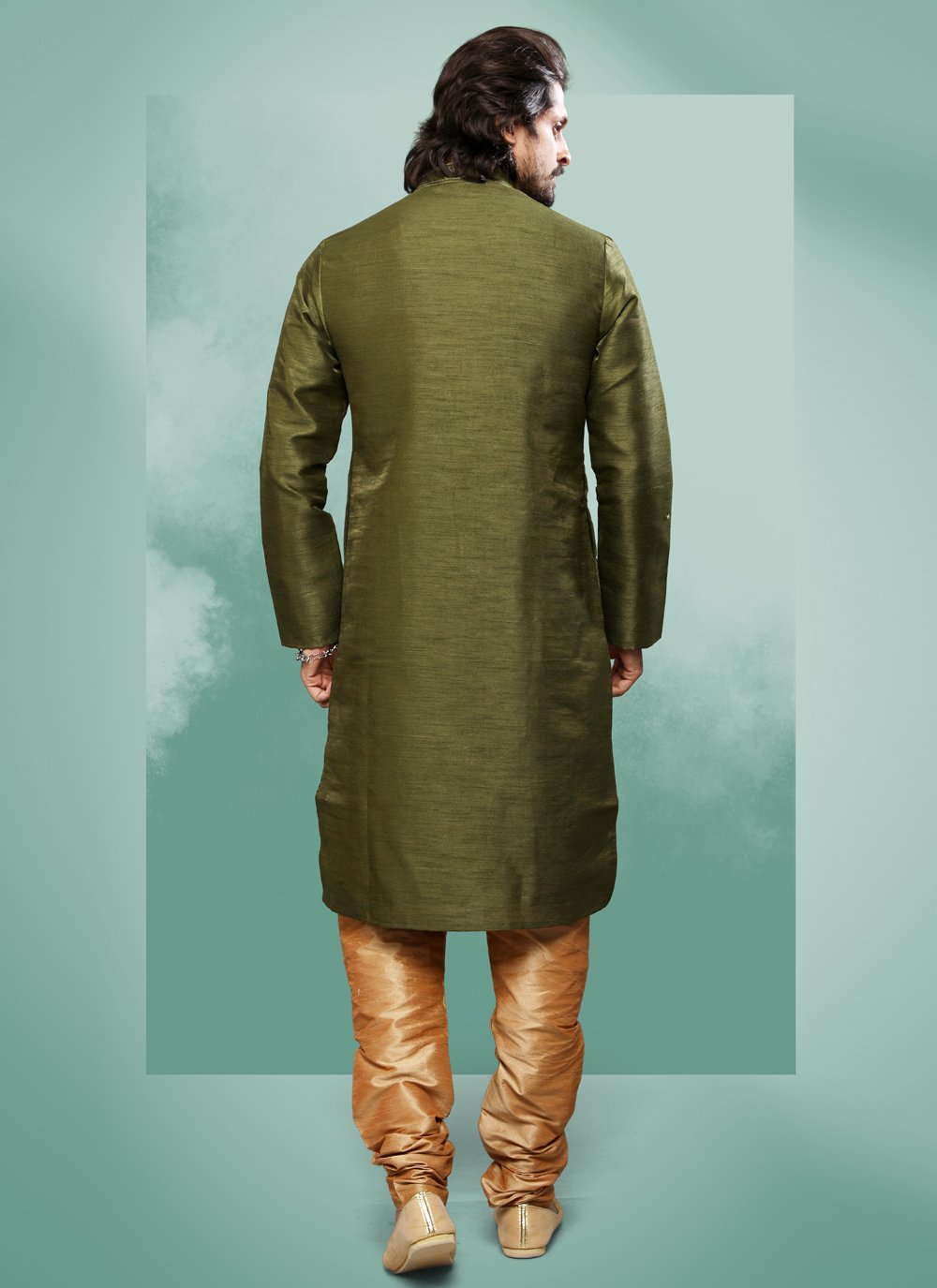 Kurta Pyjama Art Silk Green Embroidered Mens