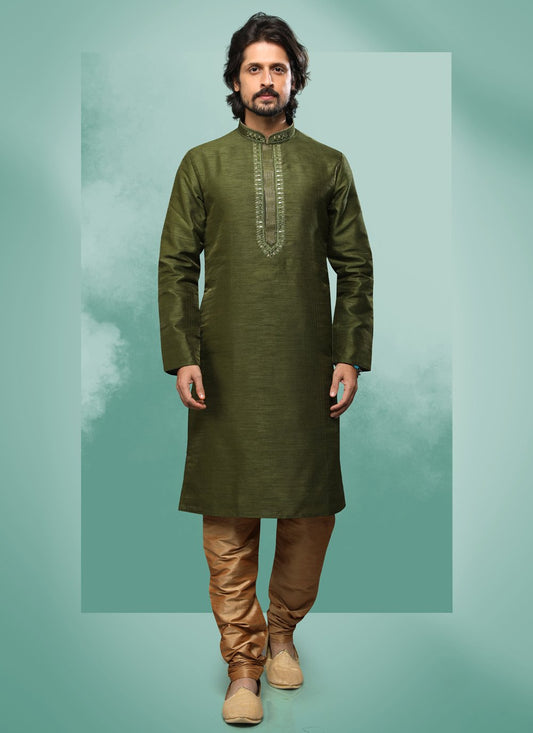 Kurta Pyjama Art Silk Green Embroidered Mens