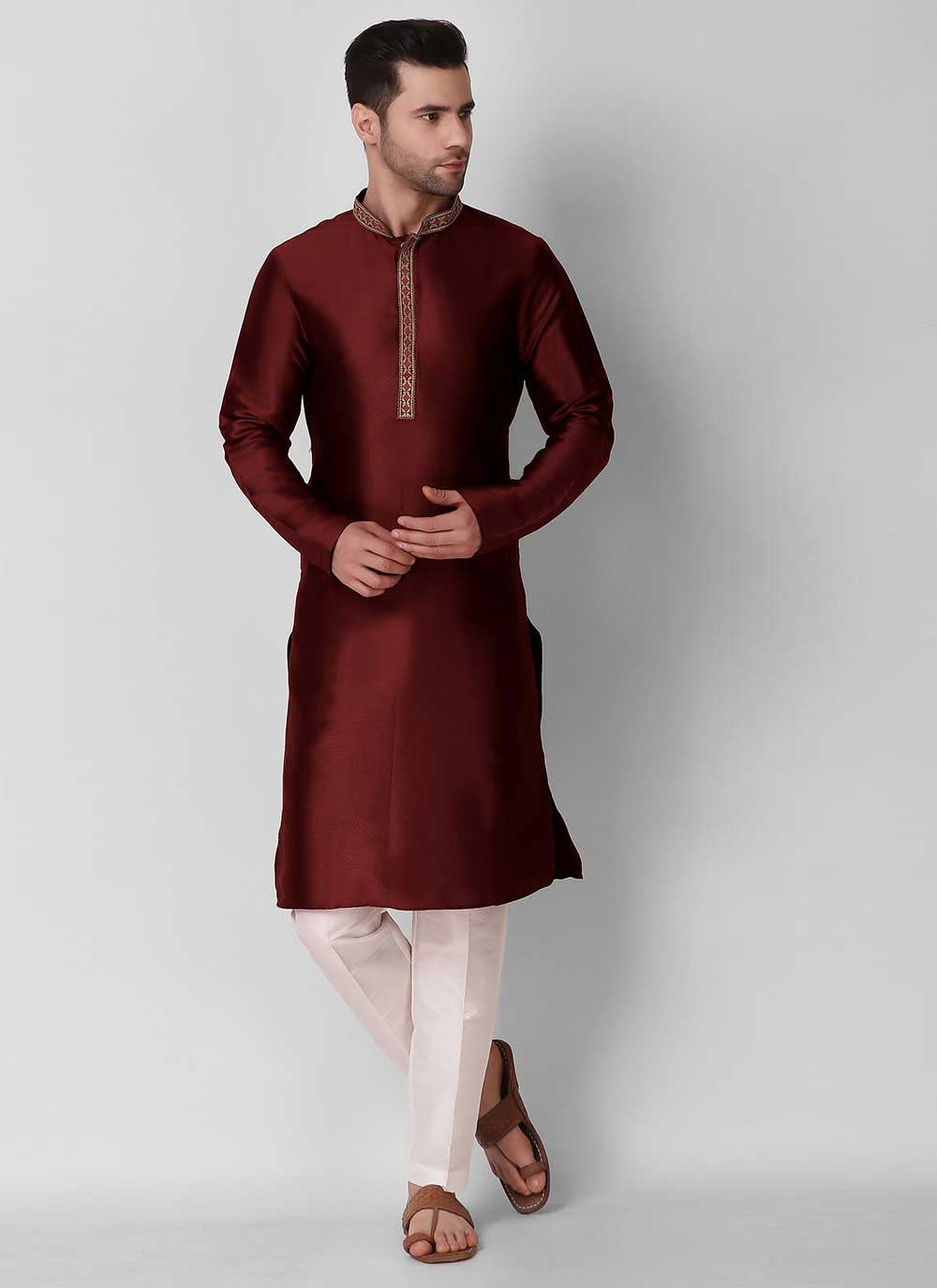 Kurta Pyjama Art Silk Maroon Embroidered Mens