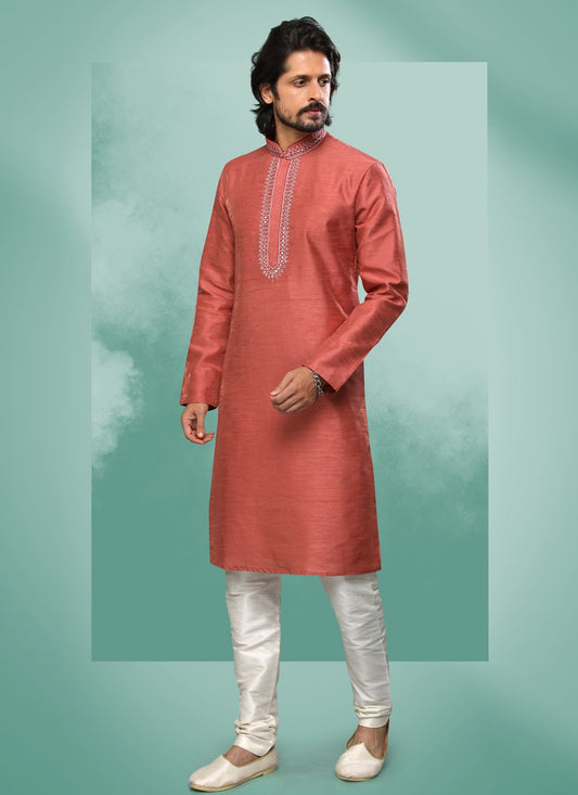 Kurta Pyjama Art Silk Rust Embroidered Mens