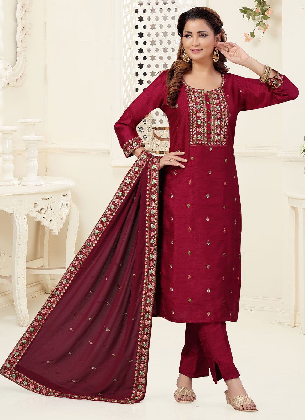 Straight Salwar Suit Art Silk Maroon Embroidered Salwar Kameez