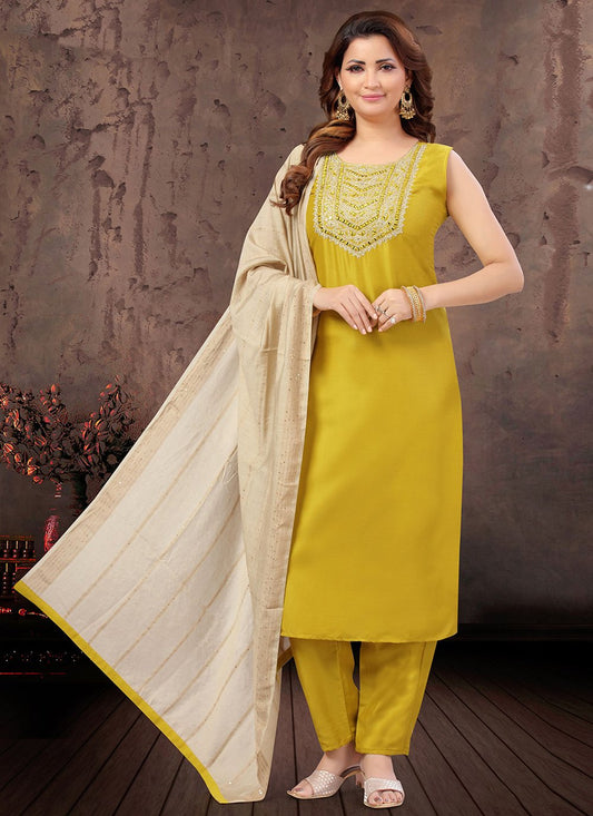 Salwar Suit Art Silk Mustard Embroidered Salwar Kameez