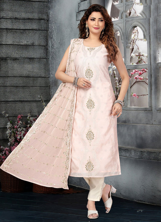 Salwar Suit Art Silk Peach Embroidered Salwar Kameez