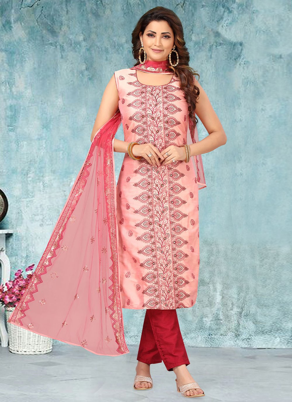 Straight Salwar Suit Art Silk Pink Embroidered Salwar Kameez