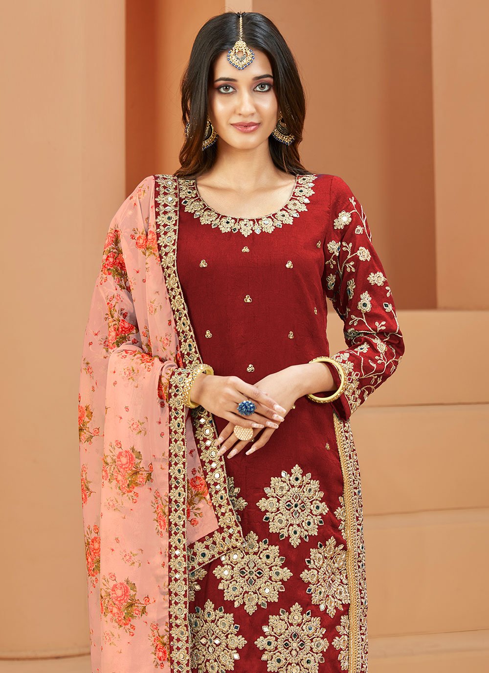 Salwar Suit Art Silk Red Embroidered Salwar Kameez