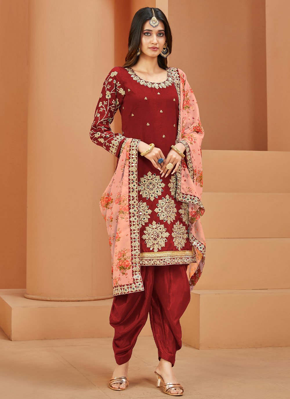 Salwar Suit Art Silk Red Embroidered Salwar Kameez