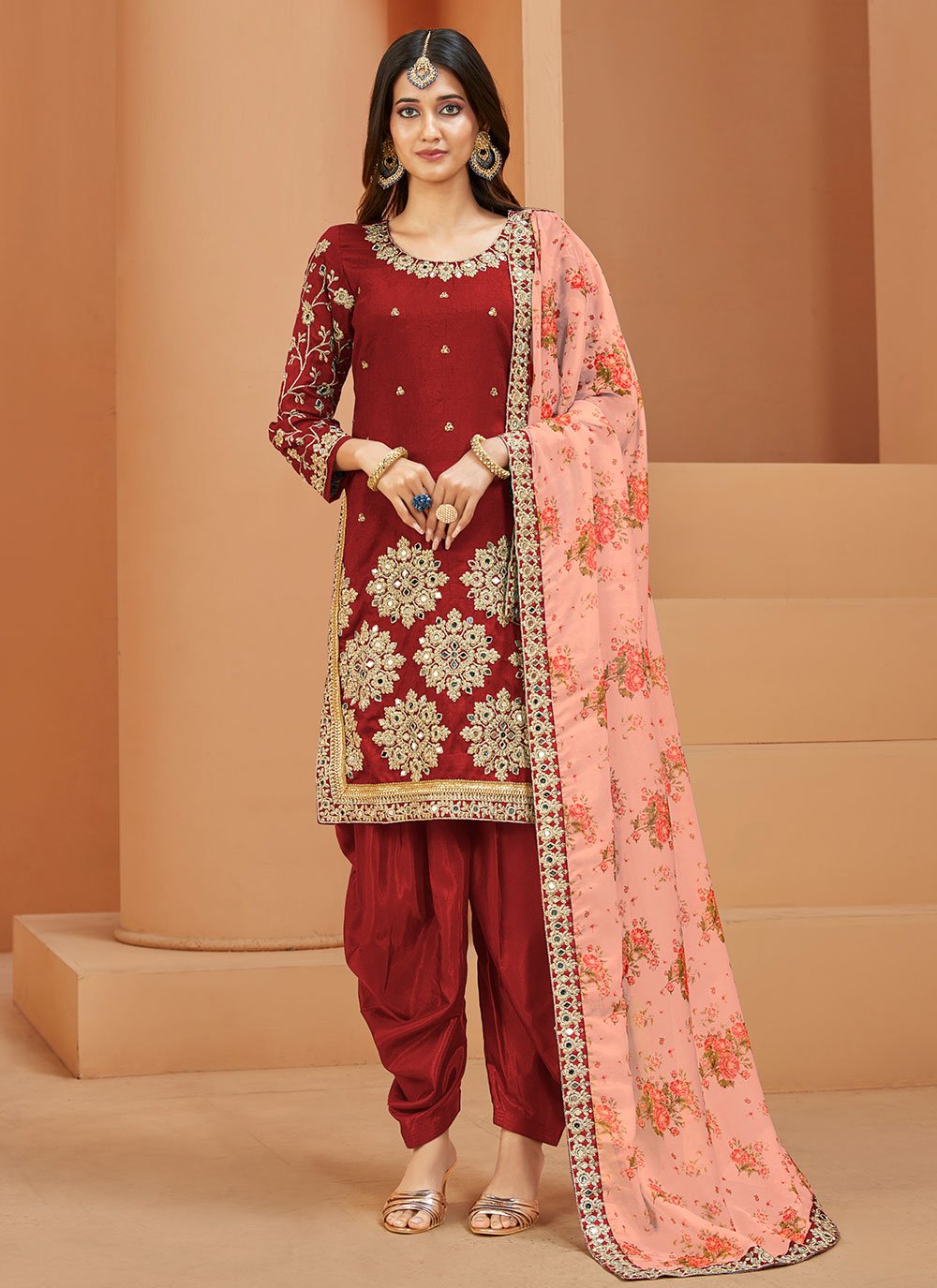 Salwar Suit Art Silk Red Embroidered Salwar Kameez