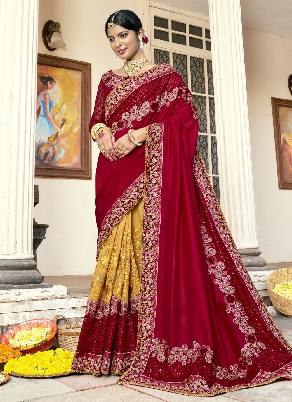 Designer Art Silk Red Embroidered Saree