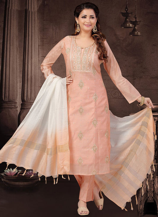 Straight Salwar Suit Art Silk Peach Embroidered Salwar Kameez