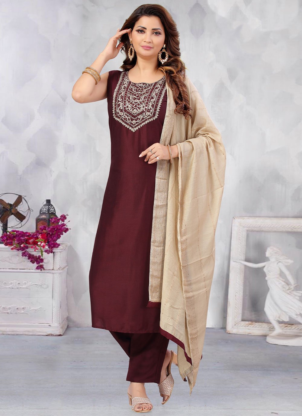 Salwar Suit Art Silk Wine Embroidered Salwar Kameez