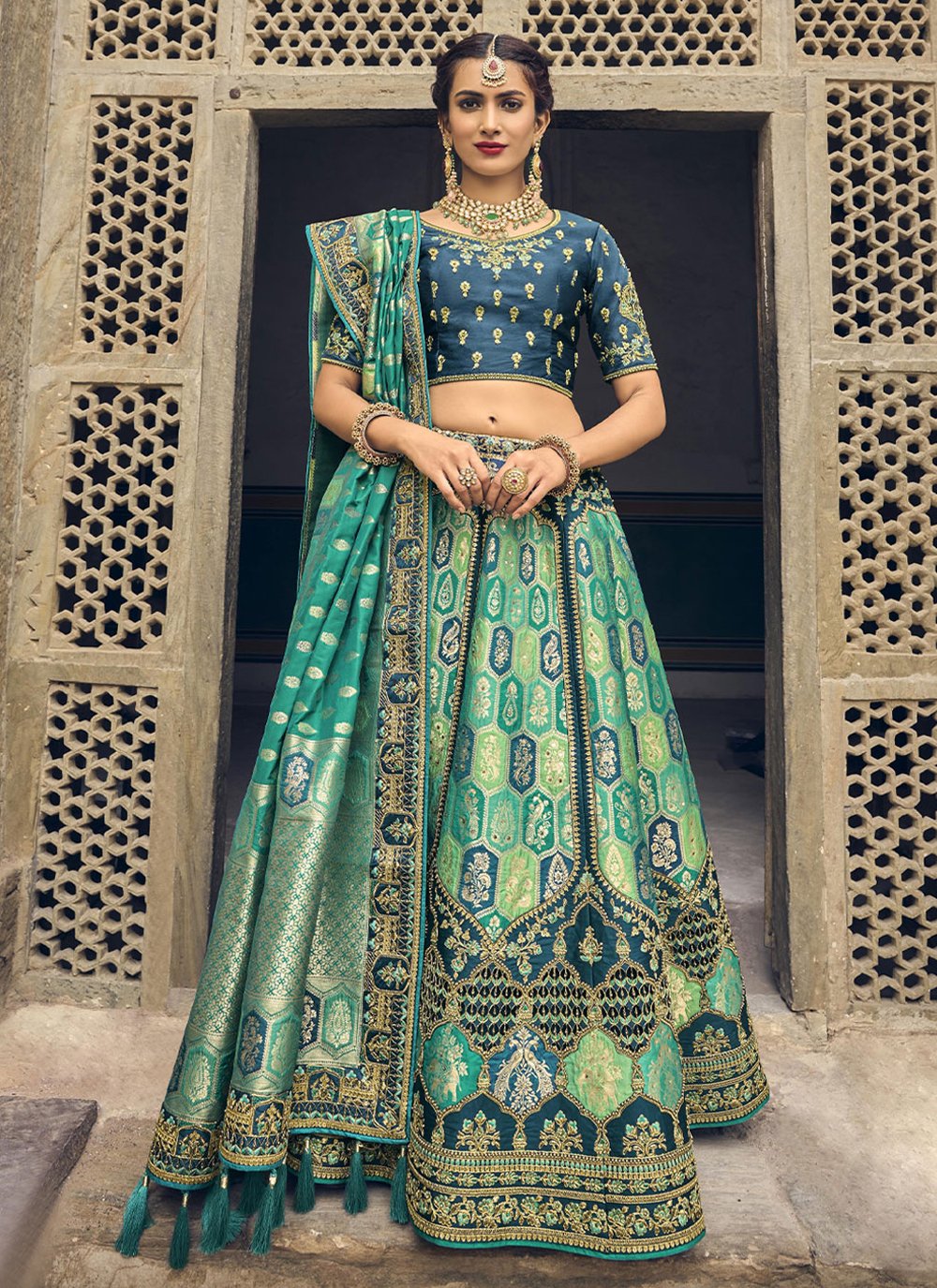 A Line Lehenga Banarasi Silk Multi Colour Embroidered Lehenga Choli