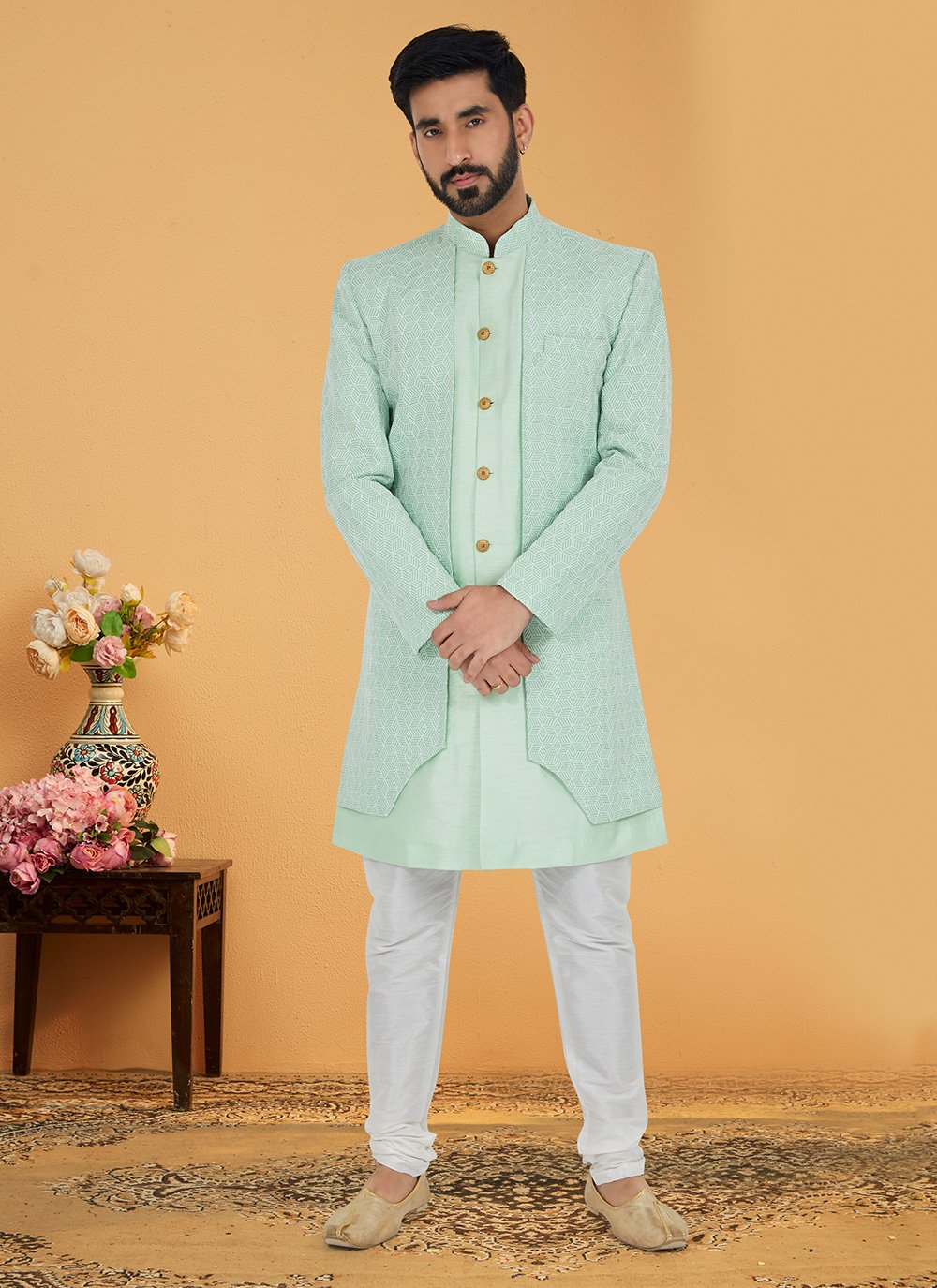 Indo Western Banarasi Silk Green Embroidered Mens