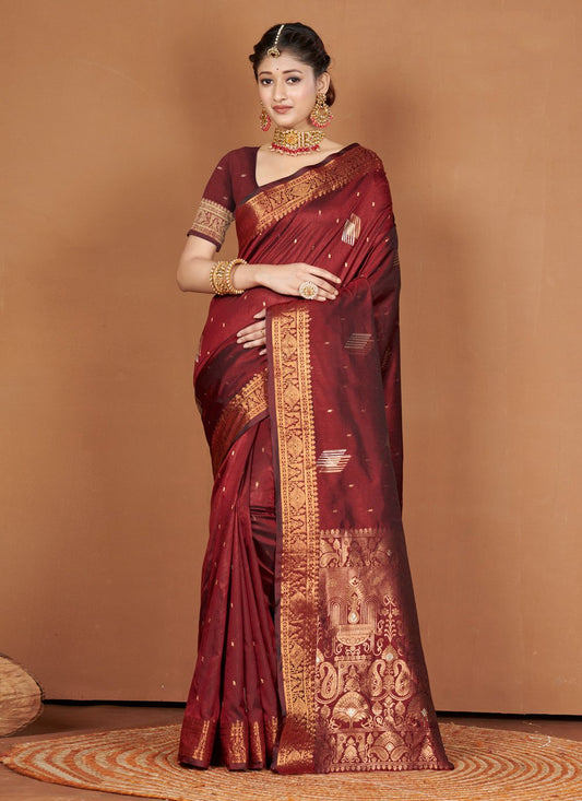 Traditional Saree Banarasi Silk Maroon Embroidered Saree