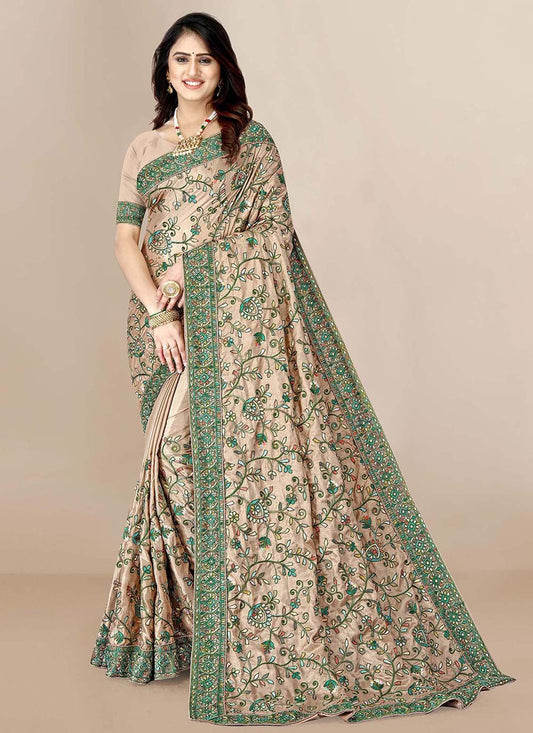 Contemporary Silk Beige Embroidered Saree