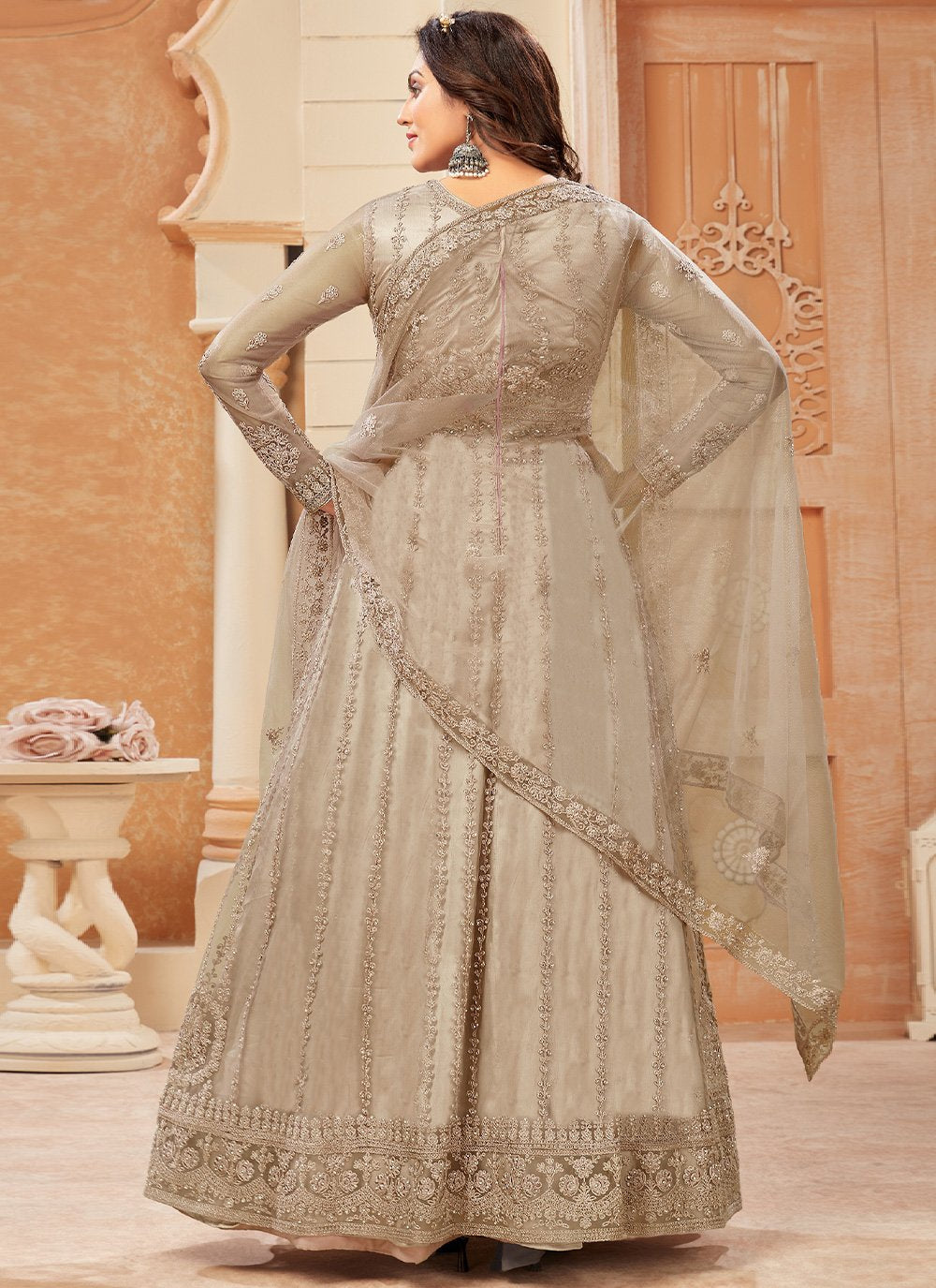 Salwar Suit Net Beige Embroidered Salwar Kameez