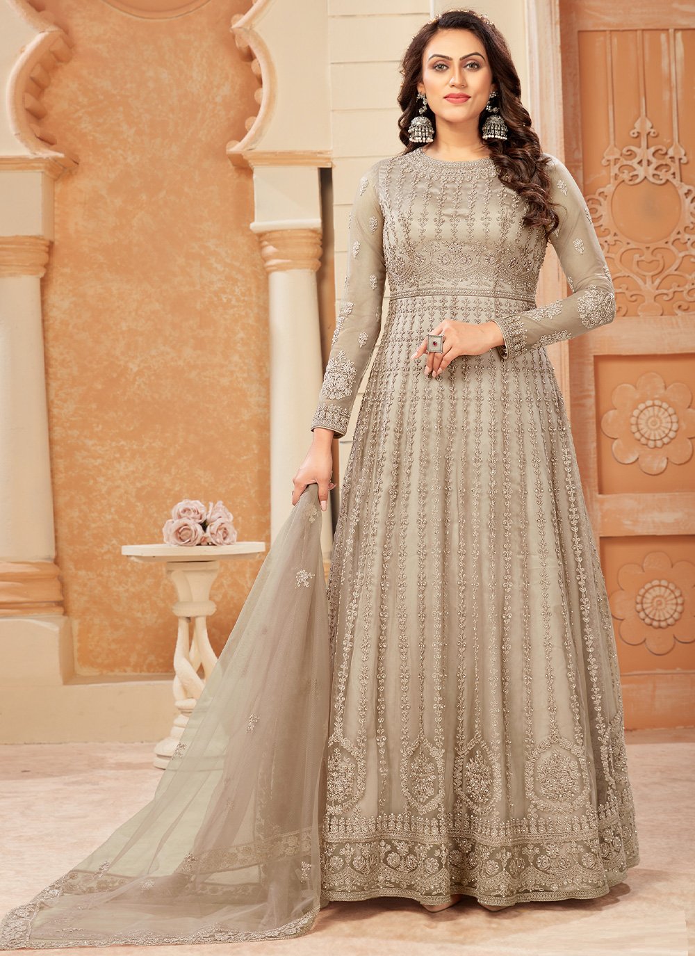 Salwar Suit Net Beige Embroidered Salwar Kameez