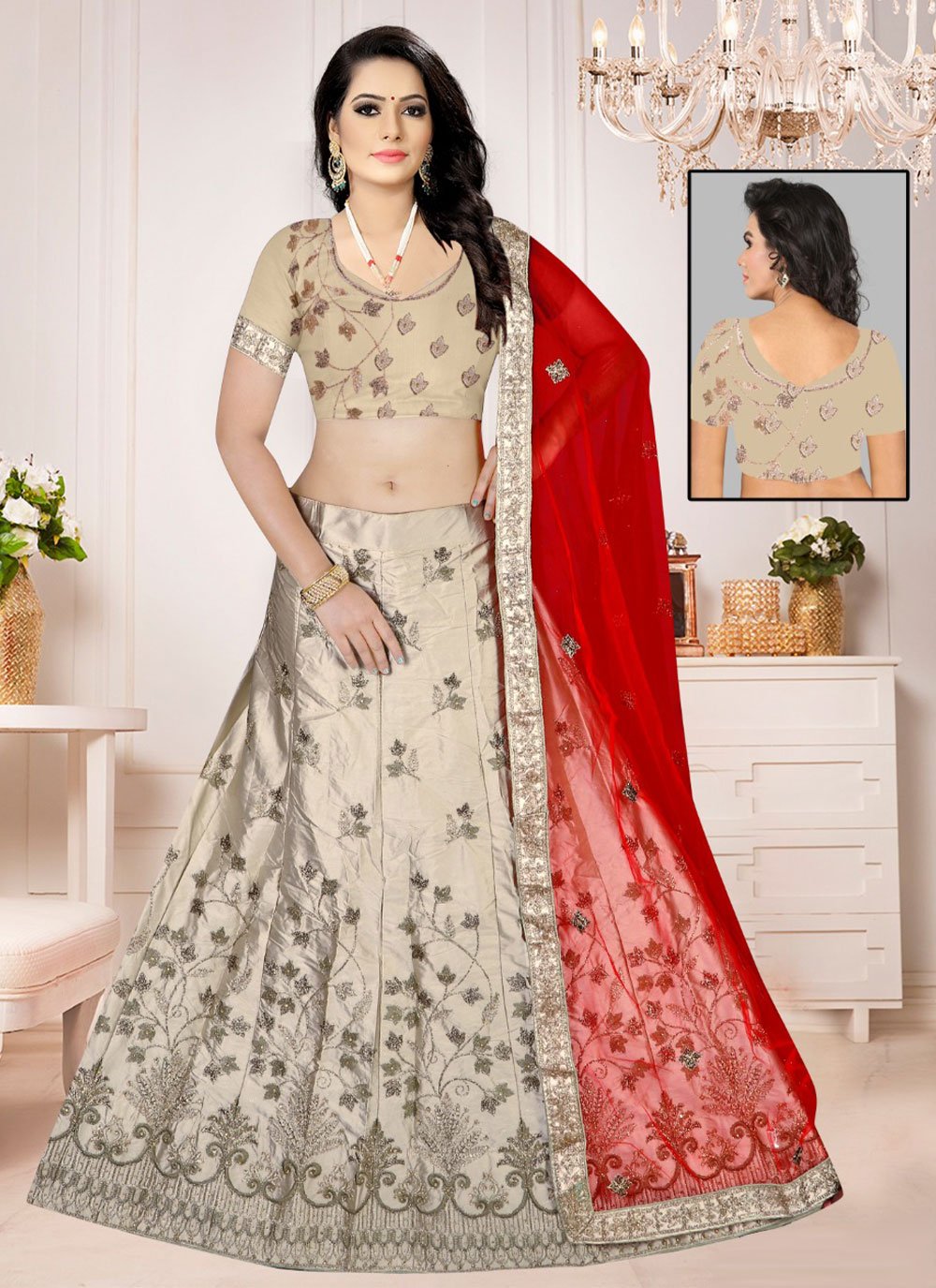 Lehenga Choli Satin Silk Beige Embroidered Lehenga Choli