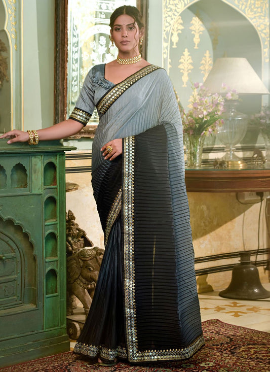 Classic Chinon Black Grey Embroidered Saree