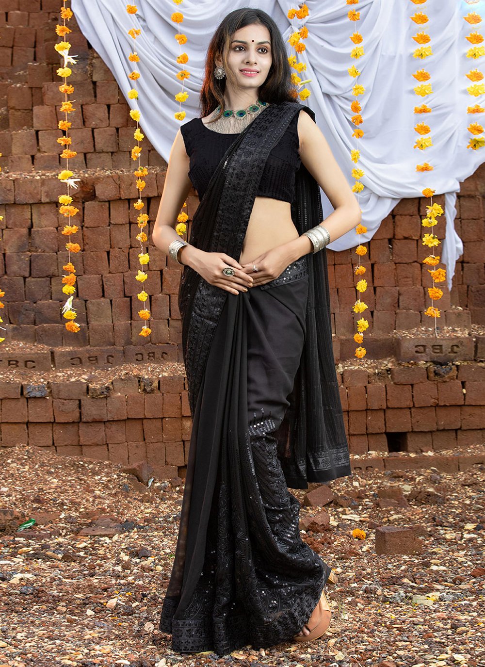 Classic Georgette Black Embroidered Saree