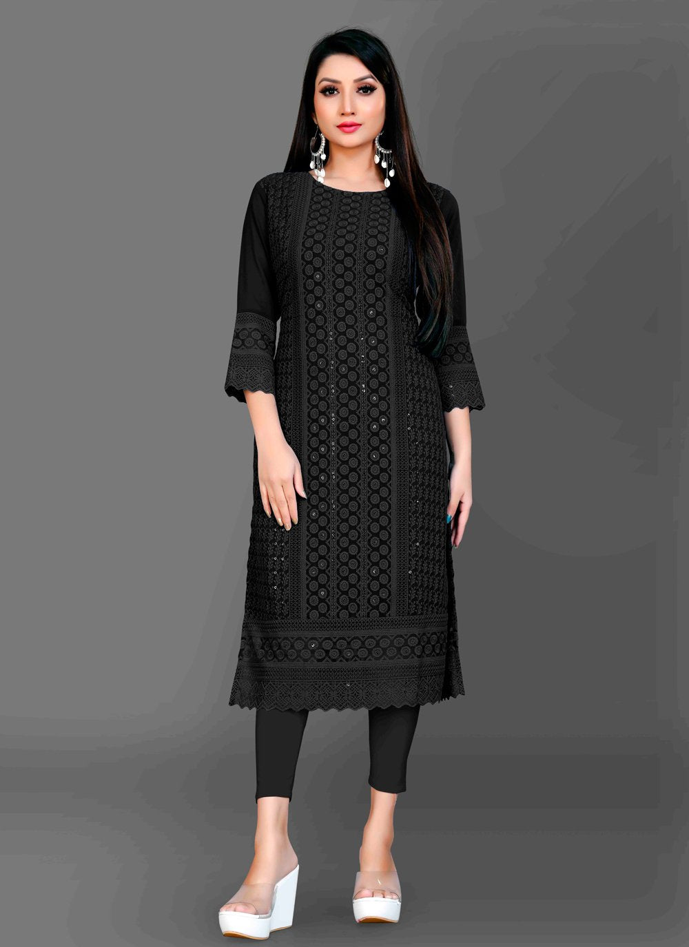 Designer Kurti Chiffon Georgette Black Embroidered Kurtis