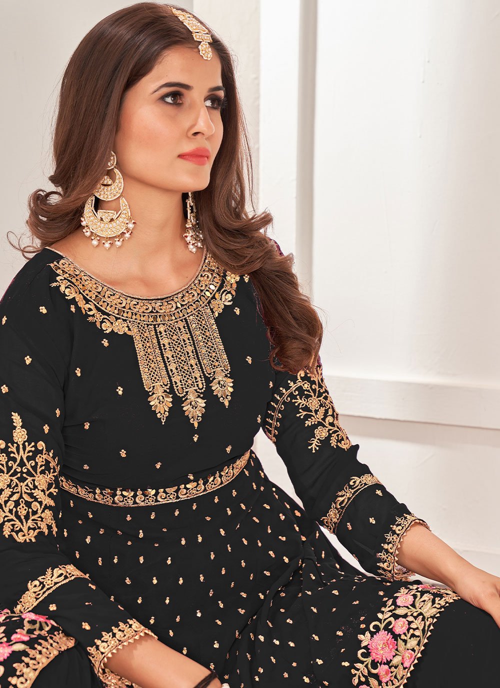 Salwar Suit Faux Georgette Black Embroidered Salwar Kameez