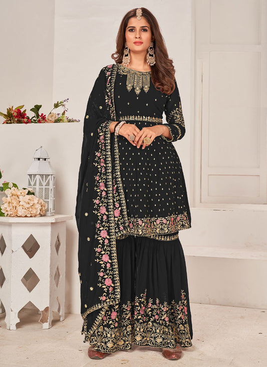 Salwar Suit Faux Georgette Black Embroidered Salwar Kameez