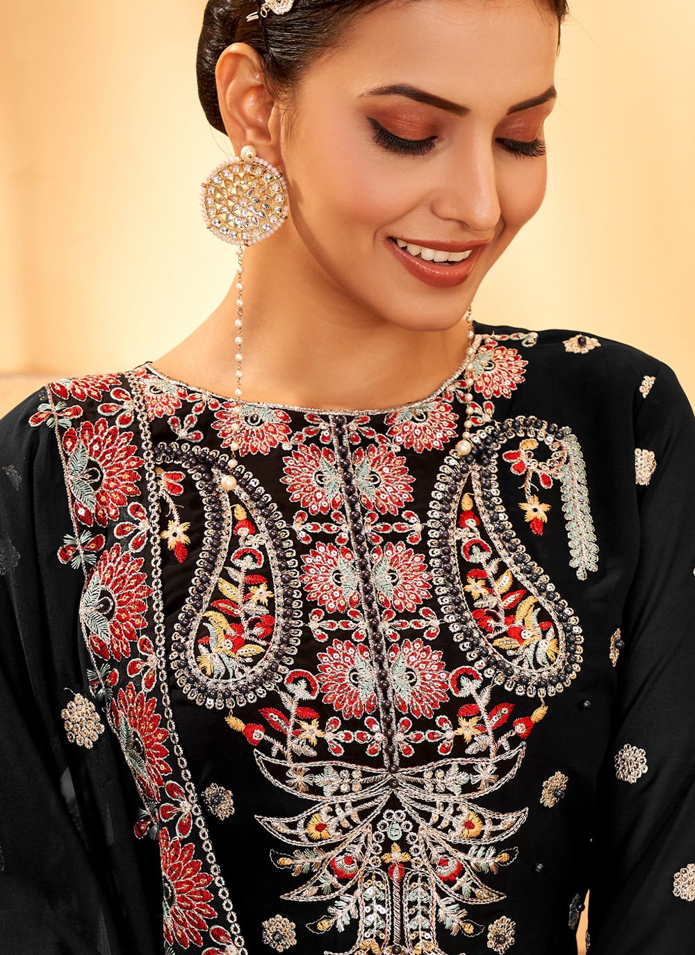 Salwar Suit Faux Georgette Black Embroidered Salwar Kameez