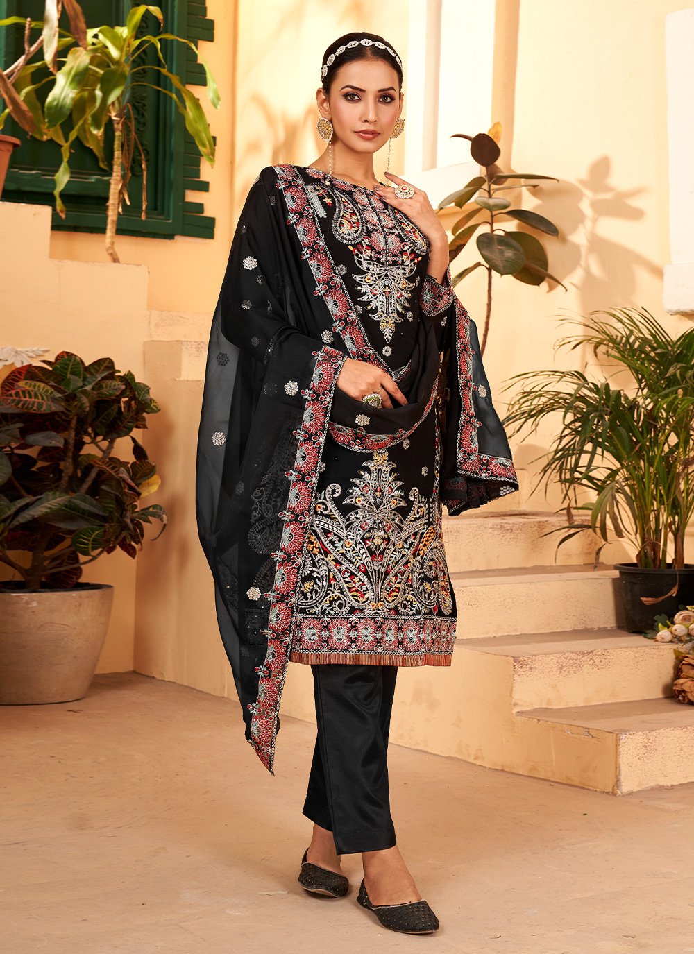 Salwar Suit Faux Georgette Black Embroidered Salwar Kameez