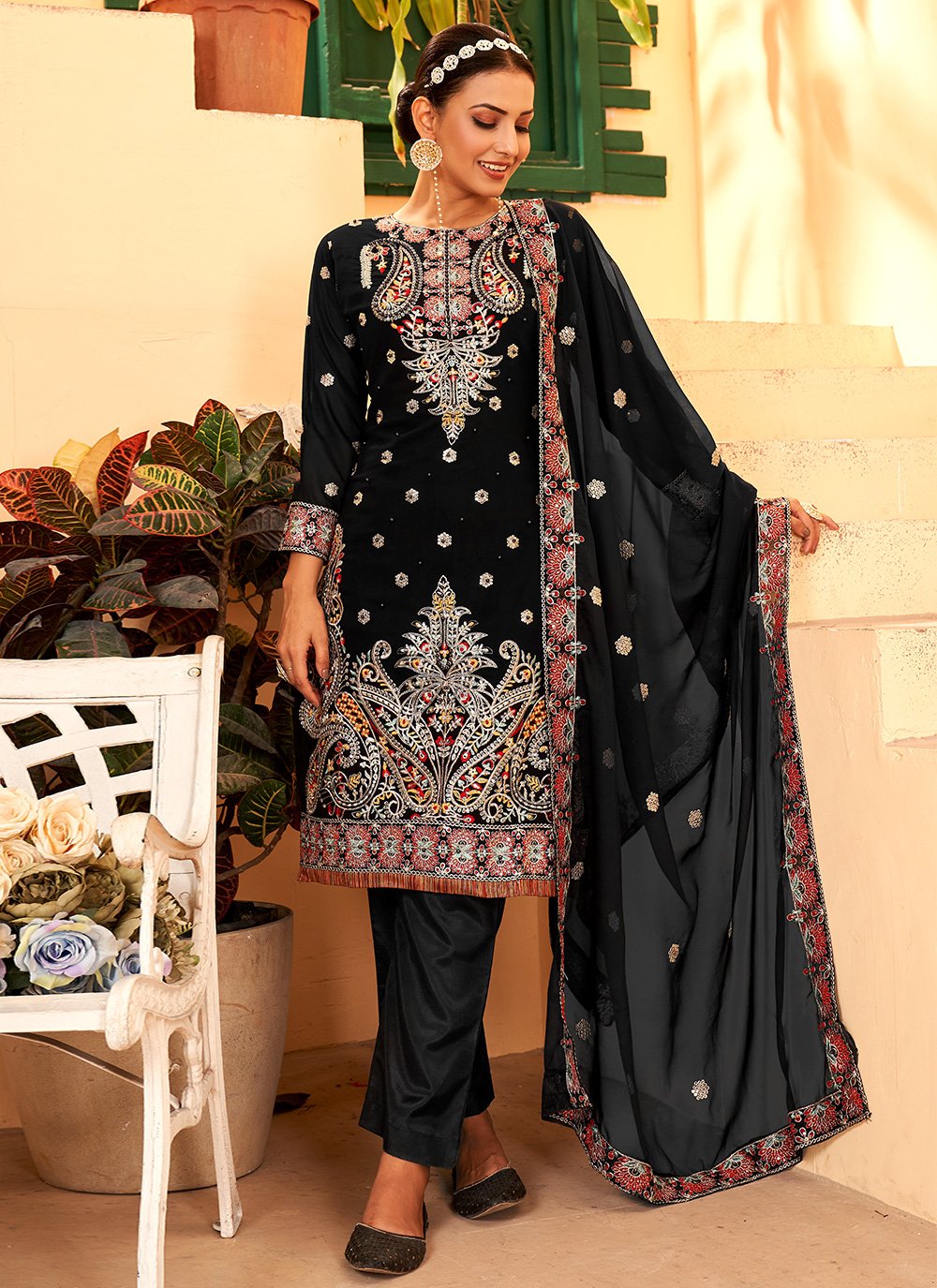 Salwar Suit Faux Georgette Black Embroidered Salwar Kameez