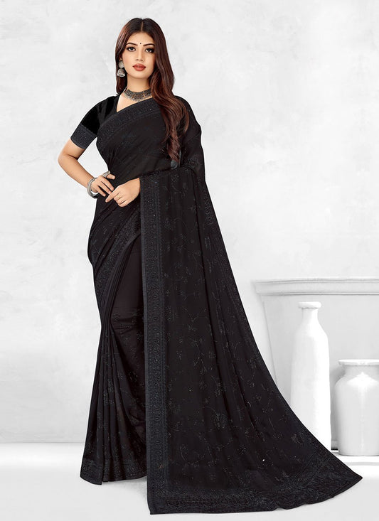 Classic Georgette Black Embroidered Saree