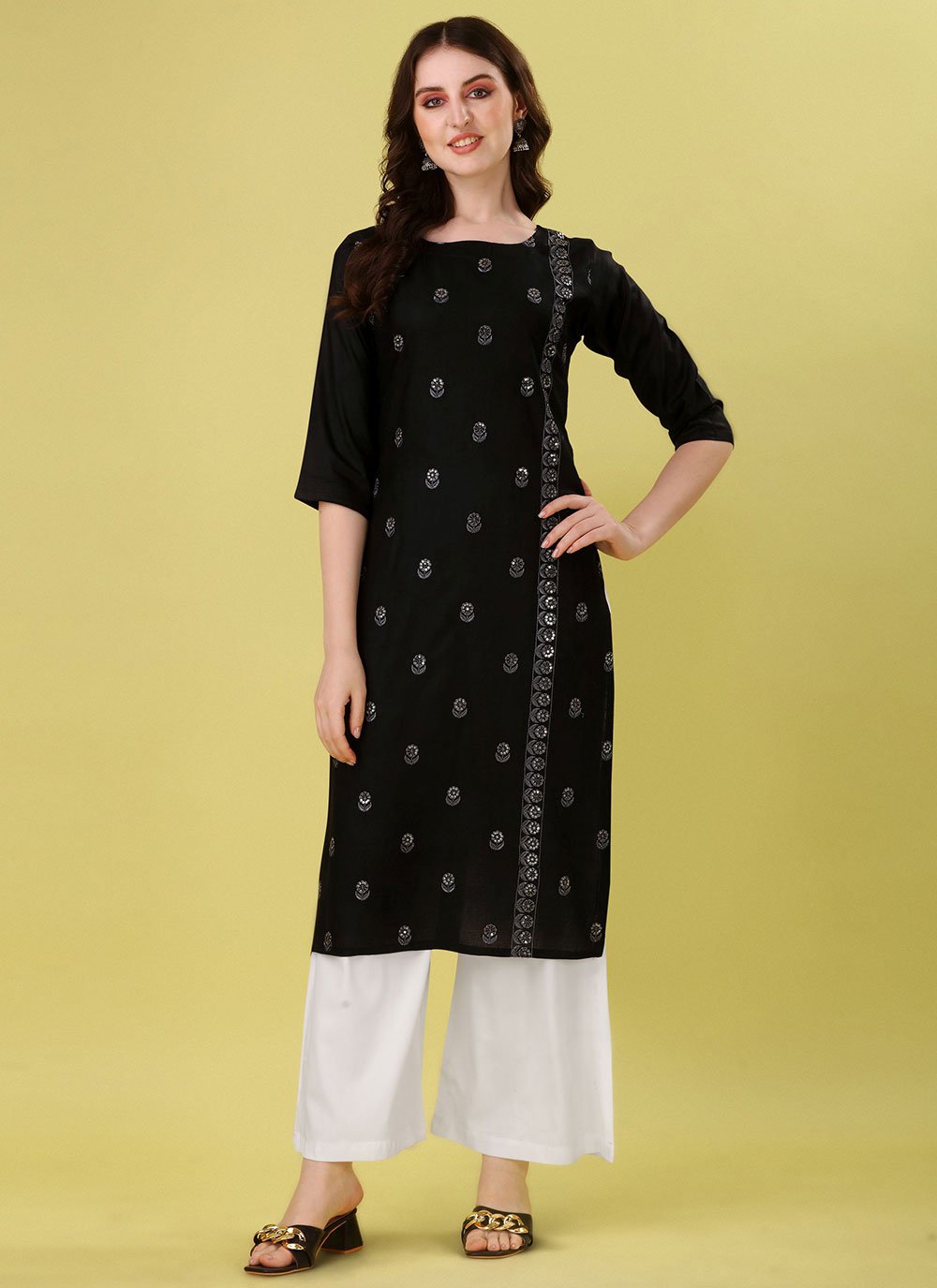 Party Wear Kurti Rayon Black Embroidered Kurtis