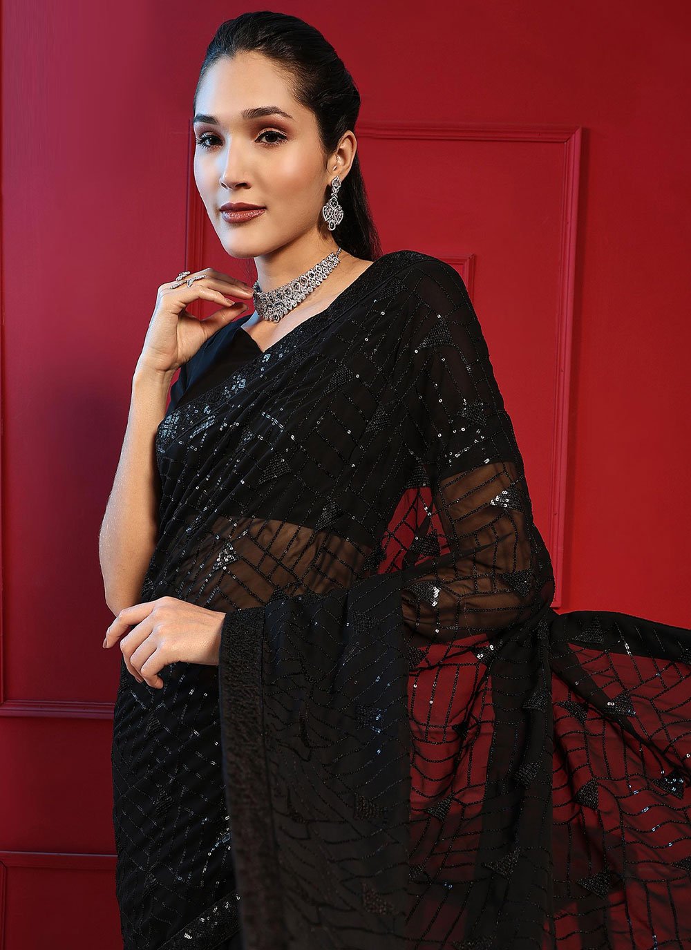 Classic Georgette Black Embroidered Saree