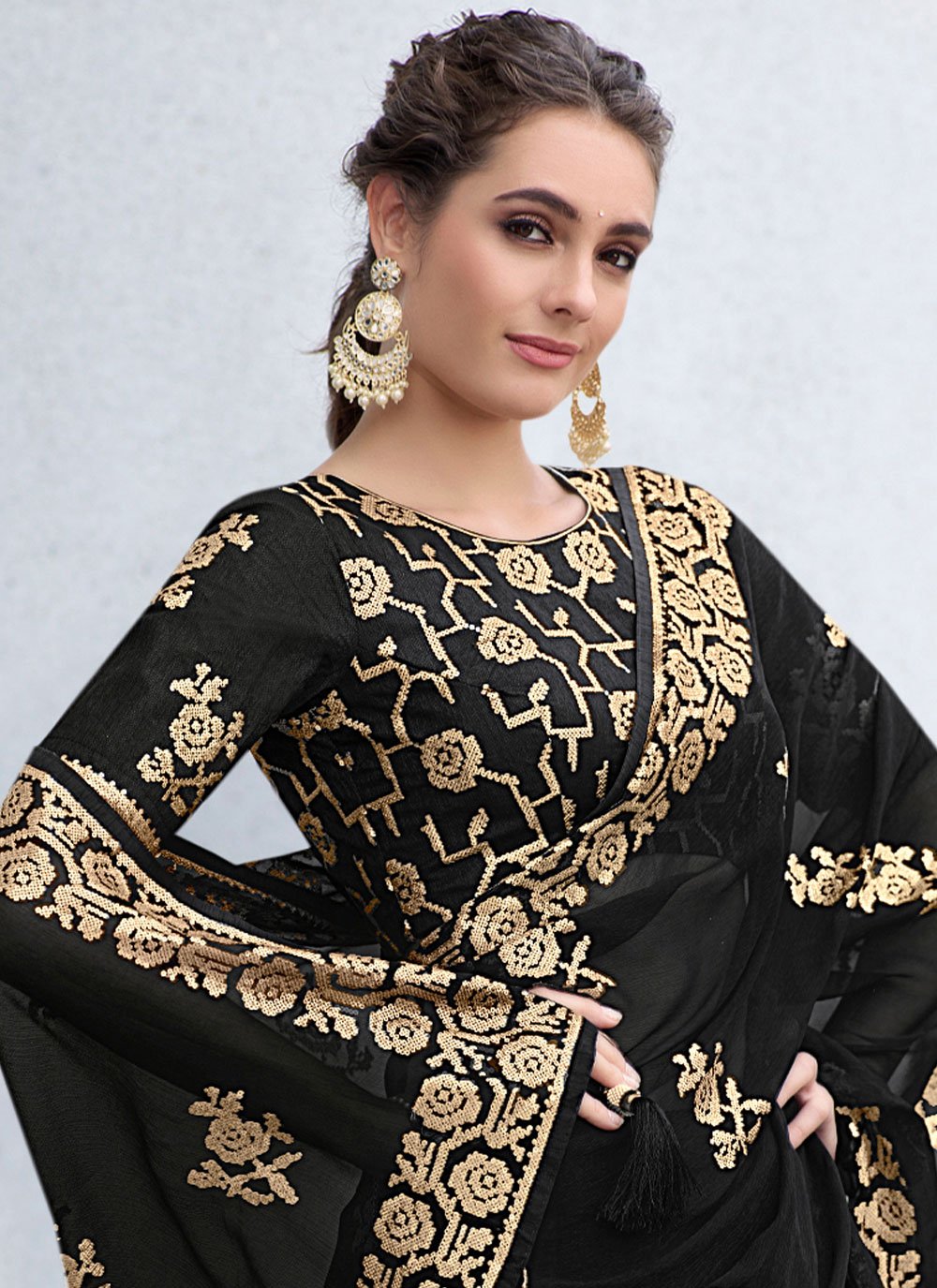 Classic Shimmer Black Embroidered Saree