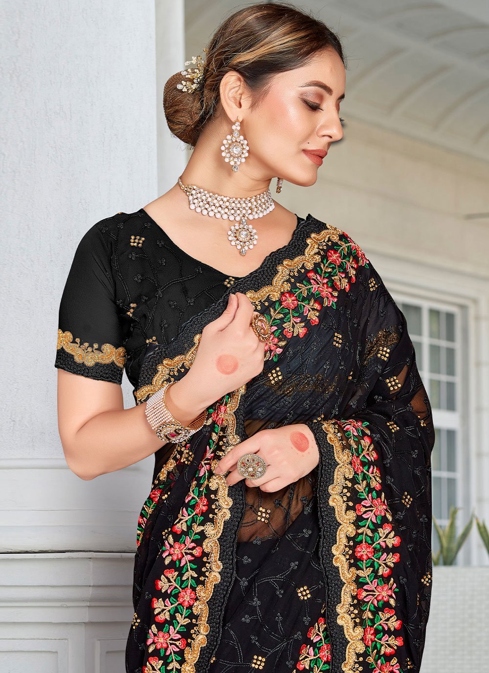 Trendy Saree Georgette Black Embroidered Saree