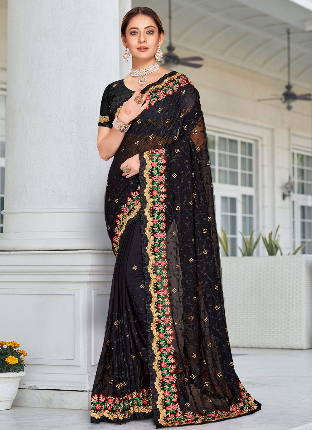 Trendy Saree Georgette Black Embroidered Saree