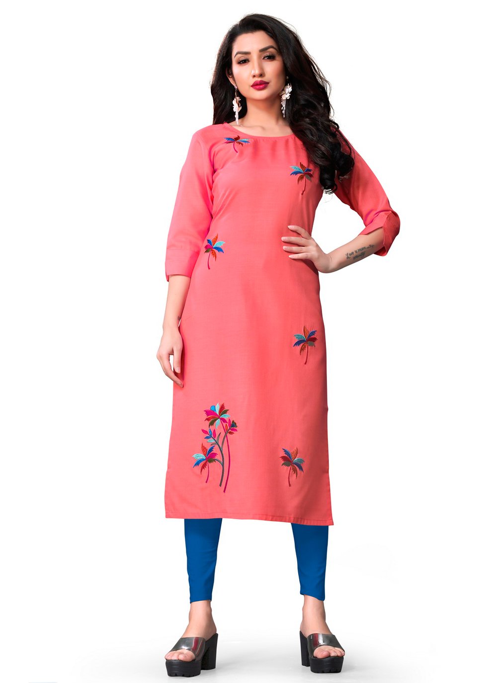 Designer Kurti Blended Cotton Pink Embroidered Kurtis