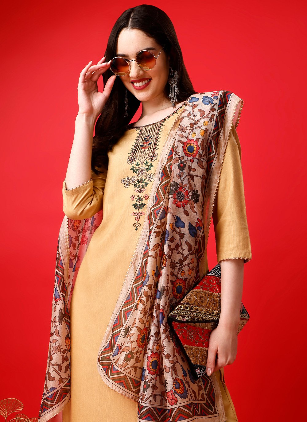 Salwar Suit Blended Cotton Mustard Embroidered Salwar Kameez